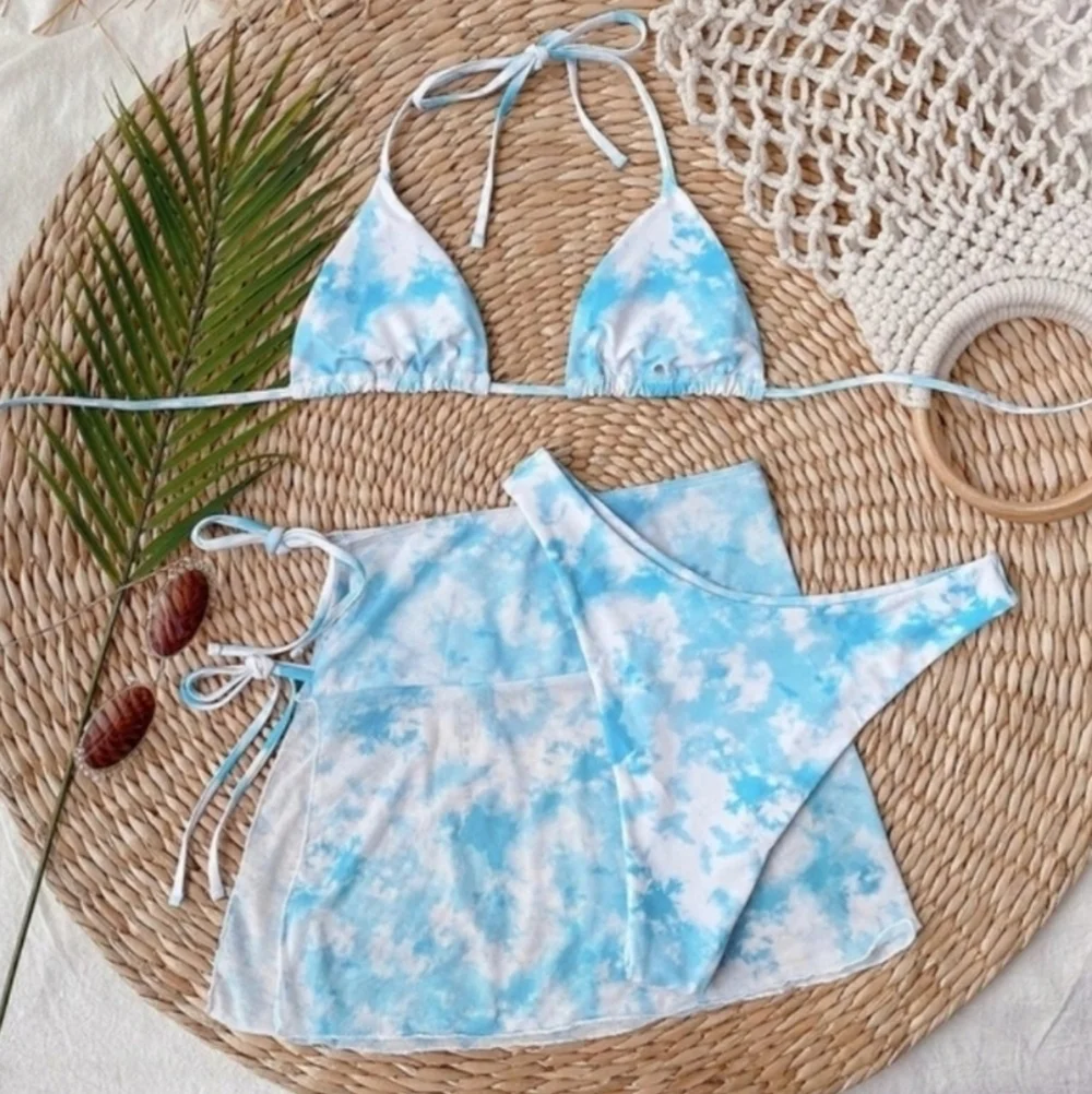 Triangle Tie Dye 3 Piece Bikini Set with Skirt Swimsuit